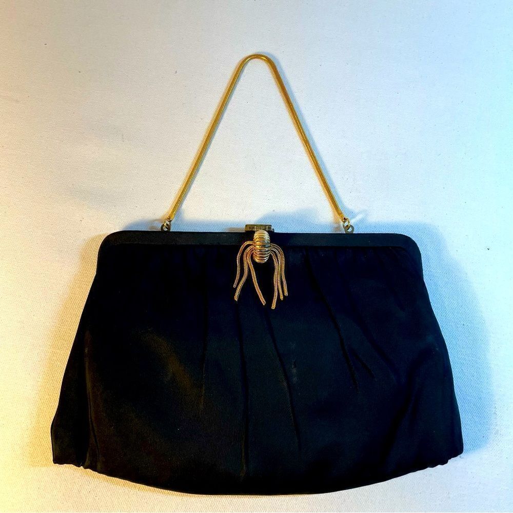 Vintage Garay black snap jaw clamshell evening bag gold hardware & change purse